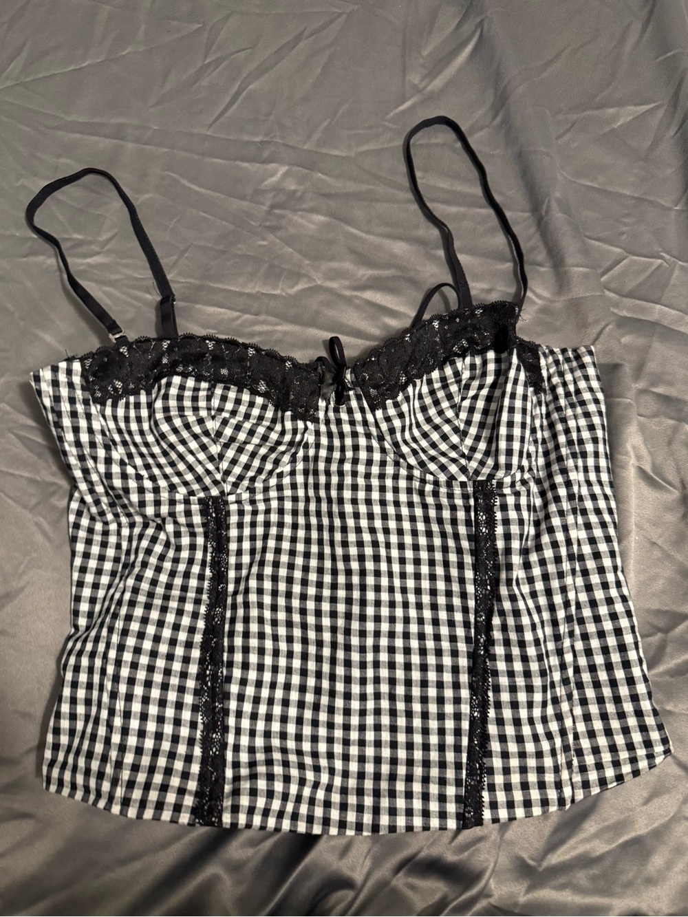Edikted Black & White Gingham Lace-Trim Cami